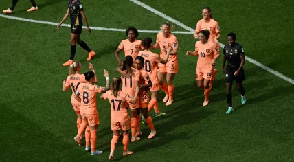 Netherlands' Jill Roord celebrates scoring their first goal with teammates in the Round of 16 - Netherlands v South Africa, 6 August 2023