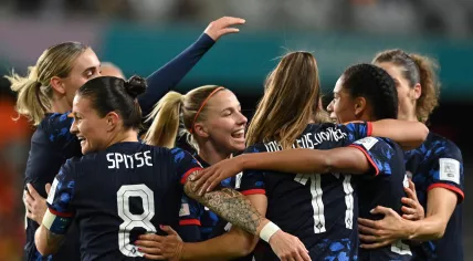 Netherlands' forward #22 Esmee Brugts (2nd R) celebrates with her teammates after scoring her team's third goal during the Australia and New Zealand 2023 Women's World Cup Group E football match between Vietnam and the Netherlands at Dunedin Stadium in Dunedin on August 1, 2023. 