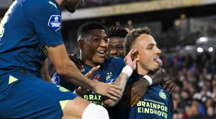  Noa Lang of PSV Eindhoven celebrates after scoring the 0-1 during the 27th edition of the Johan Cruijff Schaal between title winners Feyenoord and cup winners PSV in Feyenoord Stadium De Kuip on 4 august 2023 in Rotterdam, Netherlands.