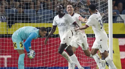 PSV Eindhoven's Jordan Teze celebrates the 1-2 during the UEFA Champions League third round qualifying football match between SK Puntigamer Sturm Graz and PSV Eindhoven on August 15, 2023, at Merkur Arena in Graz, Austria. 