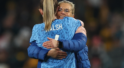 Dutch trainer Sarina Wiegman and Keira Walsh celebrate winning 1-3 during the FIFA Women's World Cup 2023 Semi-Final match Australia vs England