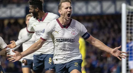 Luuk de Jong of PSV Eindhoven celebrates scoring the 2-2 goal during the UEFA Champions League play-offs, 1st leg soccer match between Glasgow Rangers and PSV Eindhoven in Glasgow, Britain, 22 August 2023.