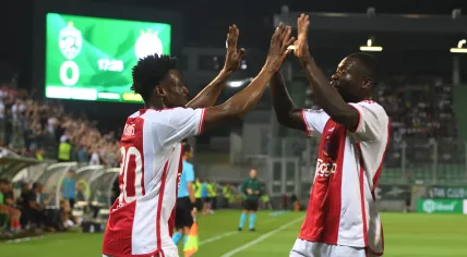 Mohammed Kudus (L) and Brian Brobbey of Ajax celebrate after scoring during the UEFA Europa League play-off round, 1st leg soccer match between Ludogorets and Ajax in Razgrad, Bulgaria, 24 August 2023.