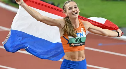 Netherlands' Femke Bol celebrates after winning the women's 400m hurdles final during the World Athletics Championships at the National Athletics Centre in Budapest on August 24, 2023.