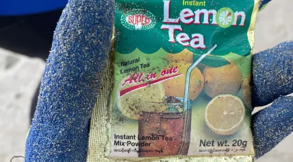 Teabags from Myanmar found on Texel beach during the Boskalis Beach Cleanup Tour, August 2023