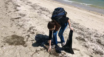 Volunteer collecting garbage on beach