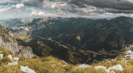 Panoramic view towards the Eisenerz Alps, in Styria, Austria with the summits Hochkogel and Kaiserwart in the background