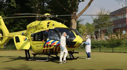 Trauma helicopter Lifeliner 6 departs from the Groene Hart Hospital in Gouda, Zuid-Holland, with a Covid-19 patient. May 2020