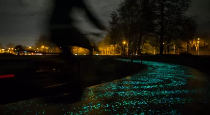 The Van Gogh Path in 2014, an illuminated bike path between Eindhoven and Nuenen in Noord-Brabant, was conceived by Studio Roosegaarde and constructed by Heijmans N.V.