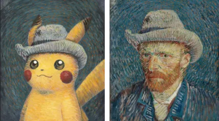 Pikachu as Vincent van Gogh and the Van Gogh self-portrait that inspired it in the Pokemon x Van Gogh Museum exhibit