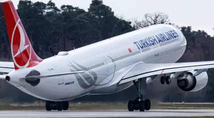 A Turkish Airlines Airbus A330, with registration TC-JOA, departs from Frankfurt, Germany on 25 December 2019