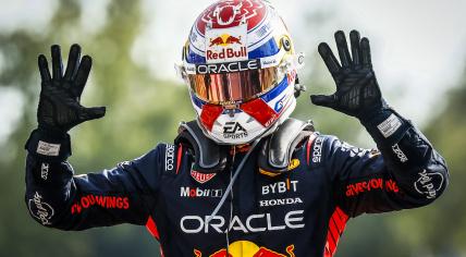 Max Verstappen celebrates his victory after the Italian Grand Prix om the circuit of Autodromo Nazionale Monza on 3 september 2023 in Monza, Italy. with his tenth victory he is the official record holder with most consecutieve victories.