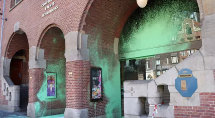 The Beurs van Berlage on Damrak in Amsterdam doused in green paint, 6 September 2023