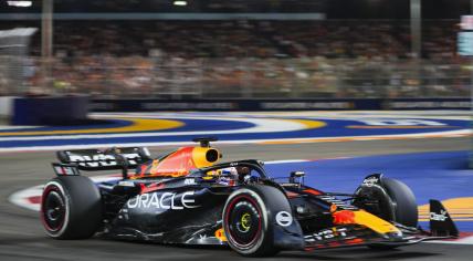 Red Bull driver Max Verstappen of the Netherlands steers his car during the Singapore Formula One Grand Prix at the Marina Bay circuit, Singapore,Sunday, Sept. 17, 2023