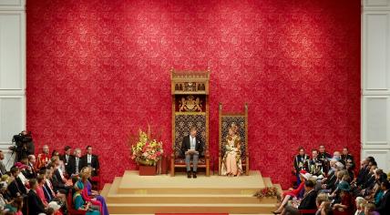 King Willem-Alexander, accompanied by Queen Maxima, delivers his Prinsjesdag address from the throne in the Koninklijke Schouwburg in The Hague. 19 September 2023