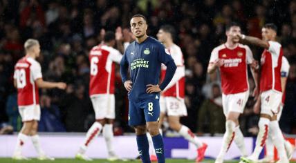 Sergino Dest of PSV Eindhoven disappointed after the 3-0 during the UEFA Champions League match between Arsenal FC and PSV Eindhoven in the Emirates Stadium on 20 september 2023 in London, England. 