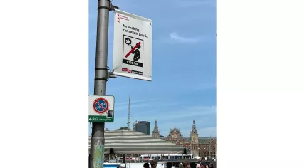 A sign informing tourists in Amsterdam's city center about the ban on smoking cannabis in public. 23 June 2023
