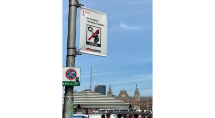 A sign informing tourists in Amsterdam's city center about the ban on smoking cannabis in public. 23 June 2023