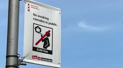 A sign informing tourists in Amsterdam's city center about the ban on smoking cannabis in public. 23 June 2023