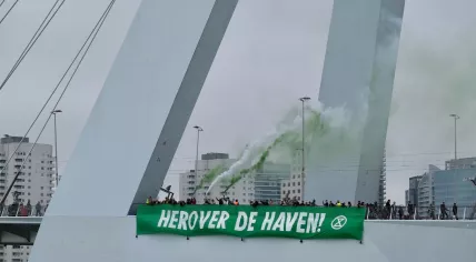 Extinction Rebellion activists block the Erasmus Bridge in Rotterdam during the World Port Days, 1 September 2023