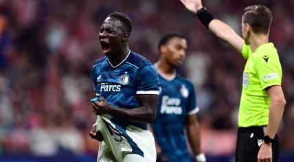 Yankuba Minteh of Feyenoord reacts during the UEFA Champions League match between Atletico Madrid and Feyenoord Rotterdam in Estadio Metropolitano on 4 october 2023 in Madrid, Spain.