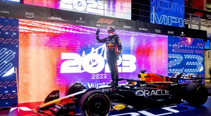 Max Verstappen (Red Bull Racing) celebrates his third Formule 1 championship after the sprintrace before the Formule 1 Grand Prix at the Lusail International Circuit in Qatar. 