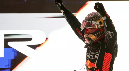 Dutch Formula One driver Max Verstappen of Red Bull Racing celebrates winning the Formula 1 Qatar Grand Prix in Lusail, Qatar, 08 October 2023