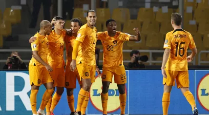 Dutch players celebrate the victory during the Euro 2024 qualification match in group B between Greece and the Netherlands in the Opap Arena on 16 october 2023 in Athens, Greece. 