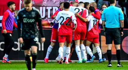 Jens Toornstra of FC Utrecht celebrates the 3-3 during the Dutch Eredivisie match between FC Utrecht and Ajax in stadium Galgenwaard on 22 october 2023 in Utrecht, Netherlands. 