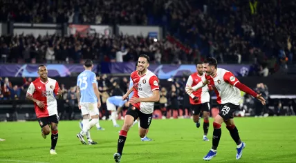  Igor Paixao of Feyenoord, Ramiz Zerrouki of Feyenoord, Santiago Gimenez of Feyenoord celebrate the 2-0 during the UEFA Champions League match in group E between Feyenoord and Lazio Roma in Feyenoord Stadium de Kuip on 25 october 2023 in Rotterdam, Netherlands.