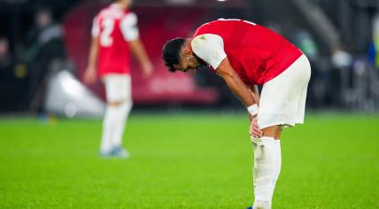 Vangelis Pavlidis of AZ Alkmaar disappointed after the loss during the UEFA Conference League wedstrijd in groep E tussen AZ Alkmaar and Aston Villa FC in the AFAS stadion on 26 october 2023 in Alkmaar, Netherlands