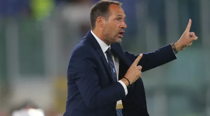 John van 't Schip as the Greece men's football team manager during a Euro 2020 qualifying match against Italy in Rome. 12 October 2019