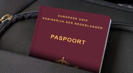 Rendering of a Dutch passport in a shoulder bag