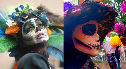 People dressed as Catrinas during the Day of the Dead boat parade in Amsterdam. October 2022.