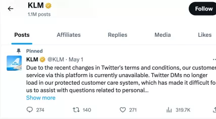 KLM warning that its customer service is no longer available on X, 24 October 2023