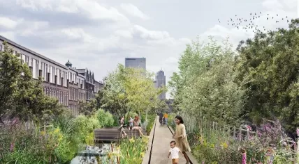 Rendering of Hofbogen park on retired railroad corridor in Rotterdam