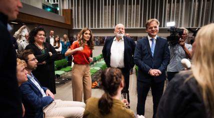 Left to right: Party leaders Caroline van der Plas (BBB), Dilan Yesilgöz (VVD), Frans Timmermans (GroenLinks-PvdA), and Pieter Omtzigt (NSC) at the first debate for the 2023 parliamentary elections on College Tour, 22 October 2023