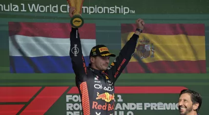 Red Bull Racing's Dutch driver Max Verstappen celebrates on the podium after winning the Formula One Brazil Grand Prix at the Autodromo Jose Carlos Pace racetrack, also known as Interlagos, in Sao Paulo, Brazil, on November 5, 2023. 