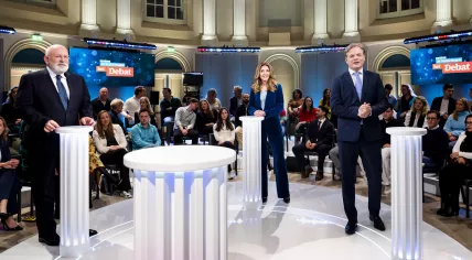 Left to right: Frans Timmermans (GroenLinks-PvdA), Dilan Yeşilgöz (VVD), and Pieter Omtzigt (NSC) at the RTL election debate, 5 November 2023