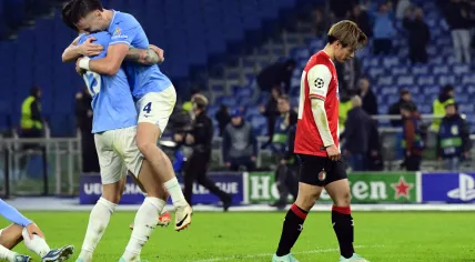 Alessio Romagnoli of SS Lazio, Patric of SS Lazio celebrate their victory, Ayase Ueda of Feyenoord disappointed during the UEFA Champions League match in groep E between SS Lazio Roma and Feyenoord Rotterdam in Stadio Olimpico on 7 november 2023 in Rome, Italy.