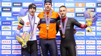 Left to right: Bart Swings (Belgium), Bart Hoolwerf (Netherlands), and Livio Wegner (Switzerland) at the Mens Mass Start Division A Award ceremony, 10 November 2023