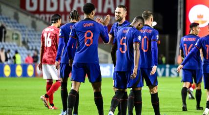 Cody Gakpo of Holland celebrates the 0-6 during the EURO 2024 qualification match in group B between Gibraltar and Netherlands in Estadio Algarve on 21 november 2023 in Faro-Loulé, Portugal.