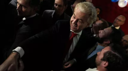 PVV leader Geert Wilders is congratulated following his party's dramatic win in the 2023 General Election. 22 November 2023