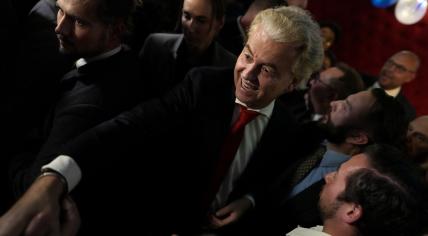 PVV leader Geert Wilders is congratulated following his party's dramatic win in the 2023 General Election. 22 November 2023