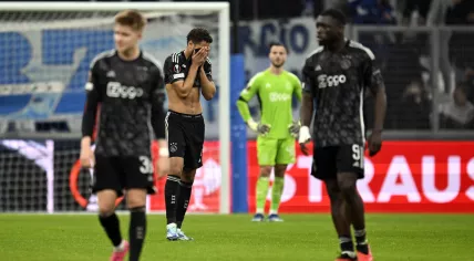 Kristian Hlynsson of Ajax, Devyne Rensch of Ajax, Ajax goalkeeper Diant Ramaj, Brian Brobbey of Ajax disappointed after the 4-3 during the UEFA Europa League match in group B between Olympique Marseille and Ajax Amsterdam in Stade de Marseille on 30 november 2023 in Marseille, France