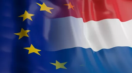 A 3D rendering of the European Union and Dutch flags