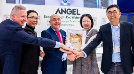 Aquatech Amsterdam presents a recognition of technological development to Chinese water filtration giant Angel. November 2023