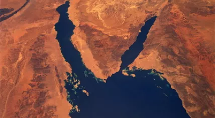 The Sinai Peninsula, Egypt, surrounded by the Red Sea to the north, the Gulf of Suez to the west, and the Gulf of Arabia to the east, June 1991