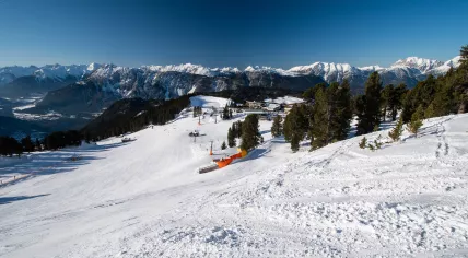 The Hochoetz family-friendly ski resort in Ötztal, Tirol, Austria, near Oetz. February 2020.
