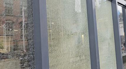 Glass windows destroyed as part of a pro-Palestinian protest at the RUG University of Groningen. 13 December 2023